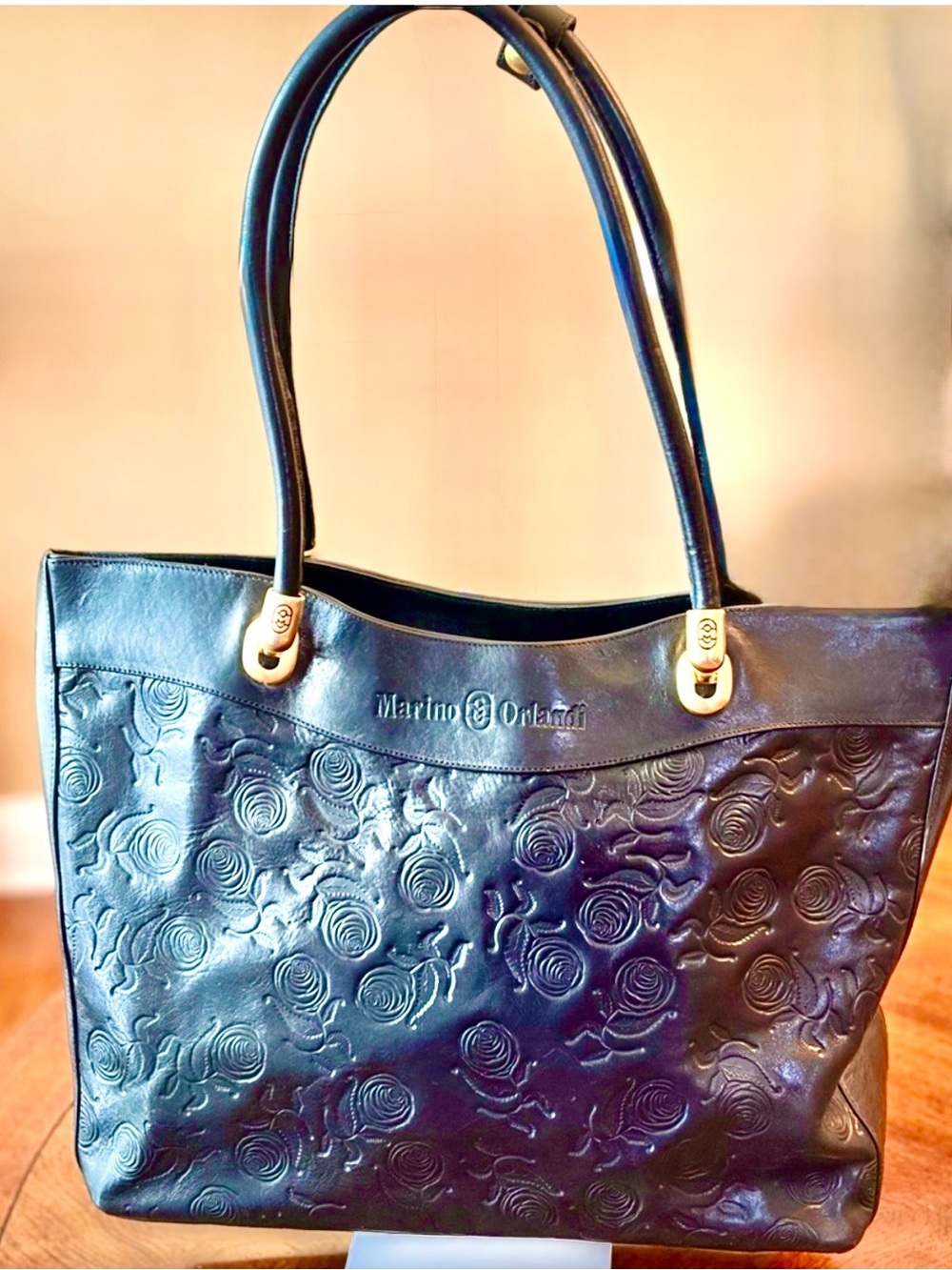 Marino Orlandi Black Embossed Rose Leather Tote with Gold Hardware